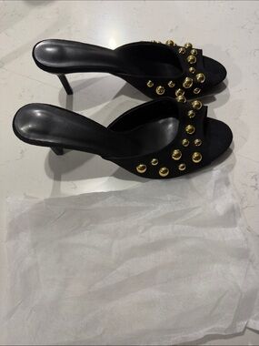 Black Suede Slide Sandals with Gold Studs